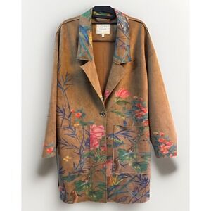 John Mark Women's Sz Small Statement Blazer‎ Floral Birds Print Brown Oversized